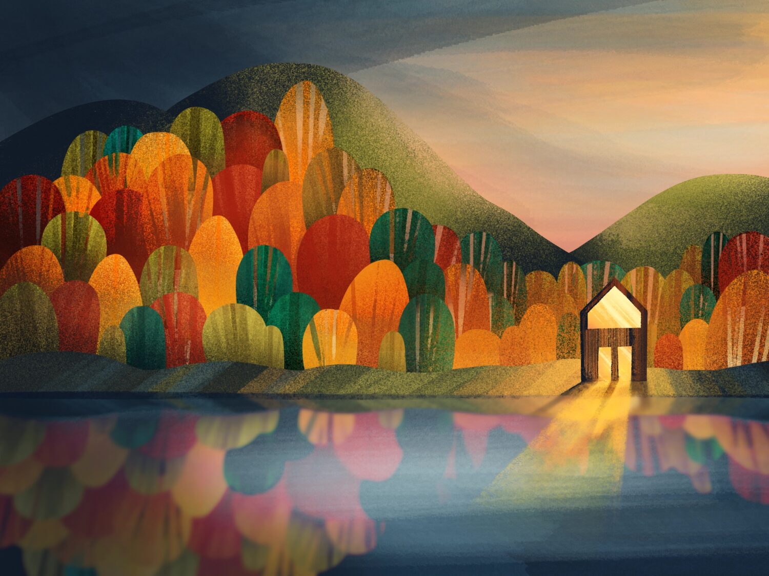 chatka podzimní krajina hory ilustrace